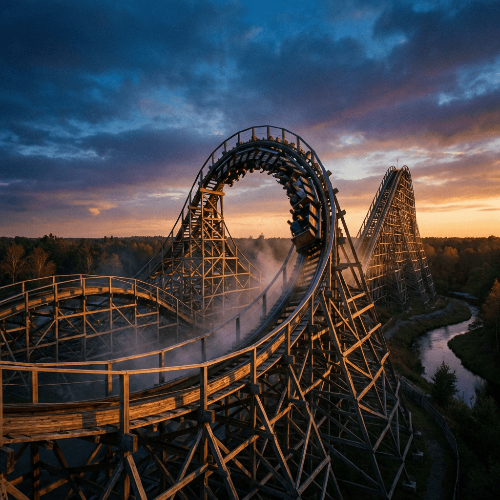 Wooden roller coaster train navigating a large loop during a colorful sunset.