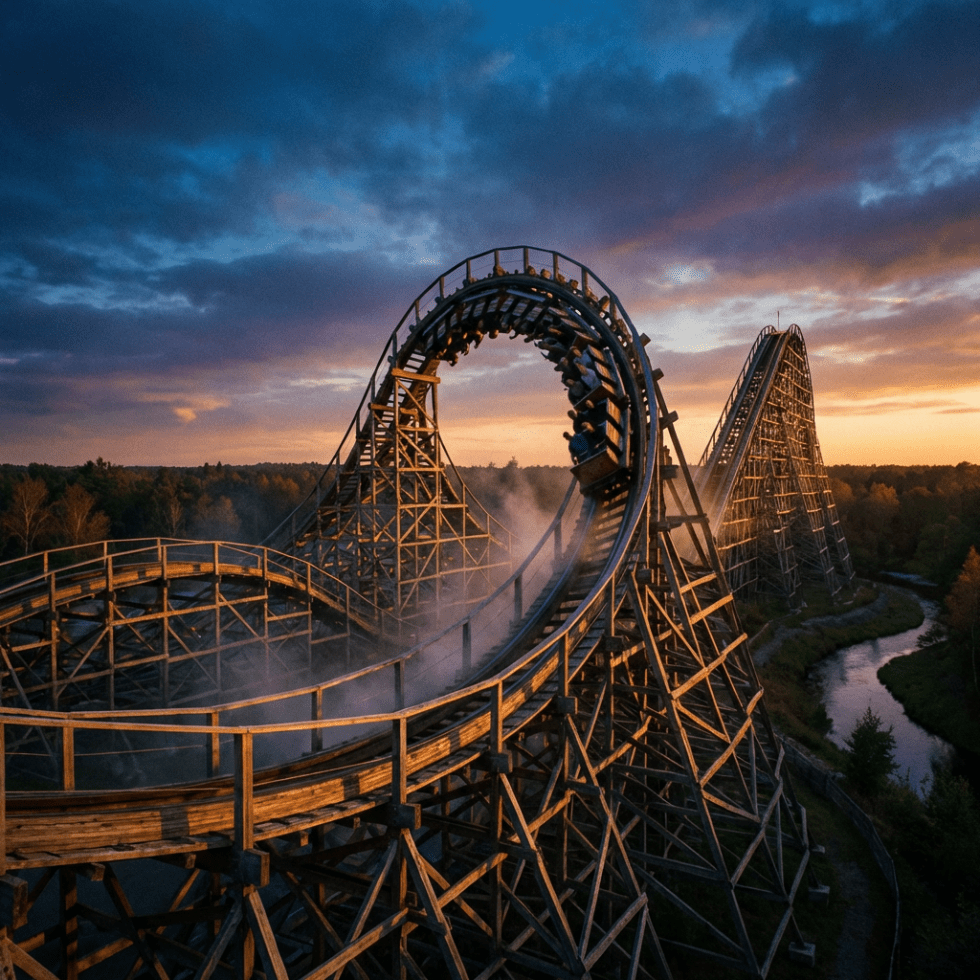 Wooden roller coaster train navigating a large loop during a colorful sunset.